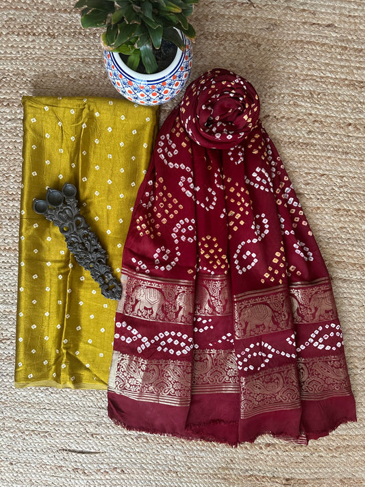 MUSTARD SINGLE DOT MASHRU  SILK KURTA WITH  BANDHANI DOTS HANDCRAFTED MODAL SILK DUPATTA PS- 10156