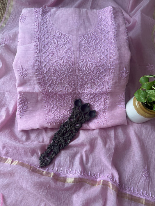 SIMPLE PINK PREMIUM  MULL CHANDERI LUCKNOWI CHICKENKARI HAND EMBROIDERY THREE PIECE SUIT