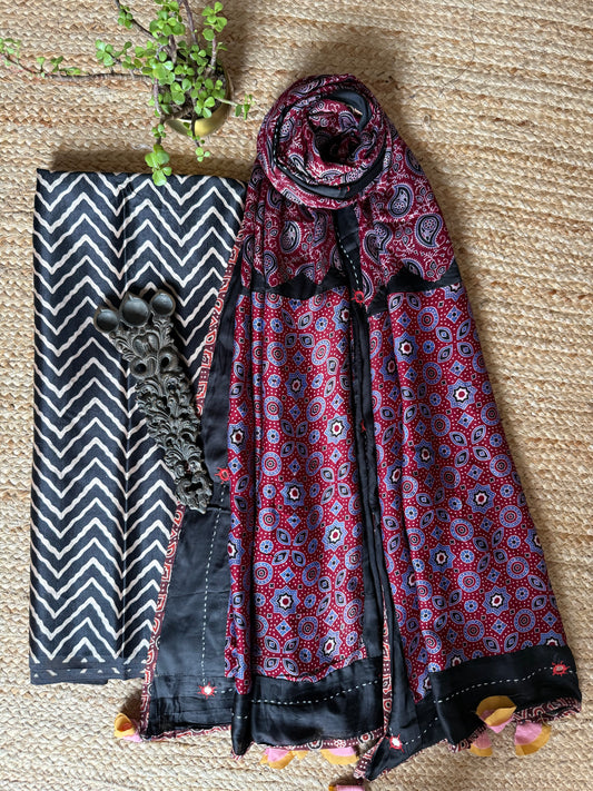 BLACK MASHRU SILK KURTA WITH AJRAKH PATCHWORK  HANDCRAFTED  MODAL SILK DUPATTA PWK-16