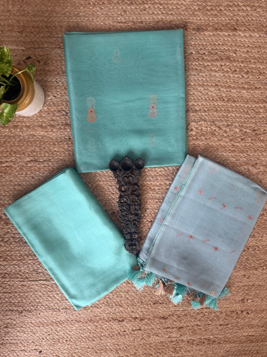 Turquoise Blue kora silk certified handloom banarsi kadwa booti meenakari Ombré Shade Duppatta three piece suit