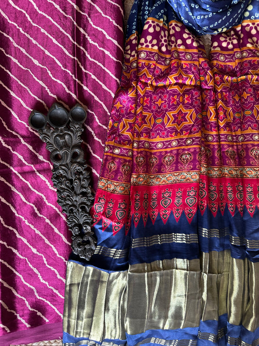 MAGENTA PURPLE LEHERIYA MASHRU SILK KURTA WITH PATOLA HANDCRAFTED MODAL SILK DUPATTA PS-21