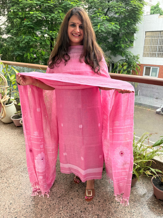 SALMON PINK PURE JAYSHREE  LINEN JAMDANI HANDWOVEN KURTA SET