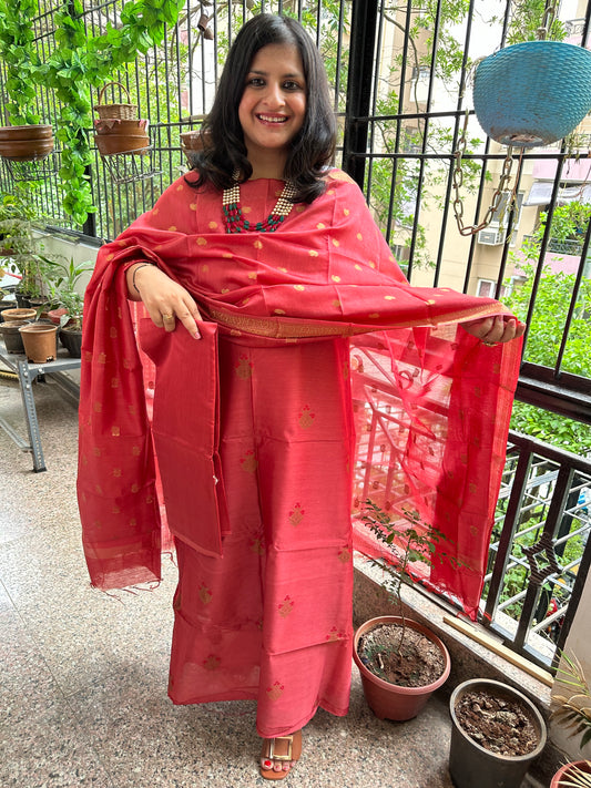 Carrot Pink Chanderi handloom Banarsi Booti three piece suit