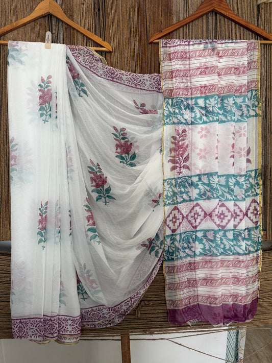 White Georgette doria handblock sari