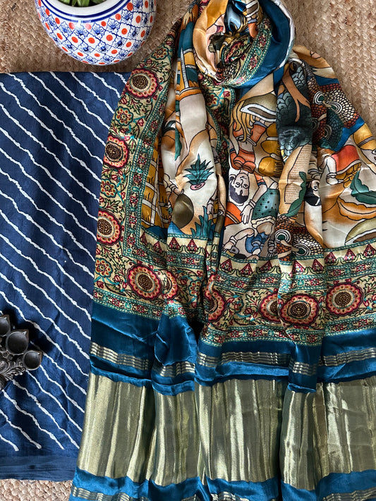 BLUE  LEHERIYA  MASHRU SILK KURTA WITH PATOLA HANDCRAFTED MODAL SILK DUPATTA PS-69