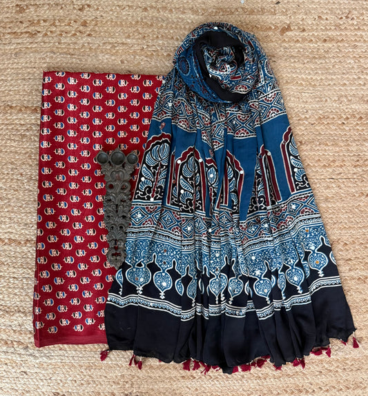 Maroon Mashru Silk Kurta With Pigeon Blue Ajrakh Handcrafted Mirror Work Modal Silk Dupatta