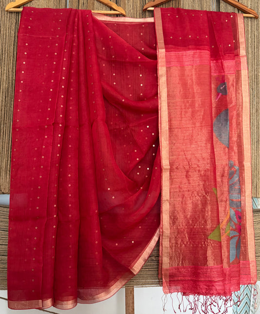 Cherry Red Jamdani sequence work handwoven pure muslin silk sari With Matka Silk Blouse Piece