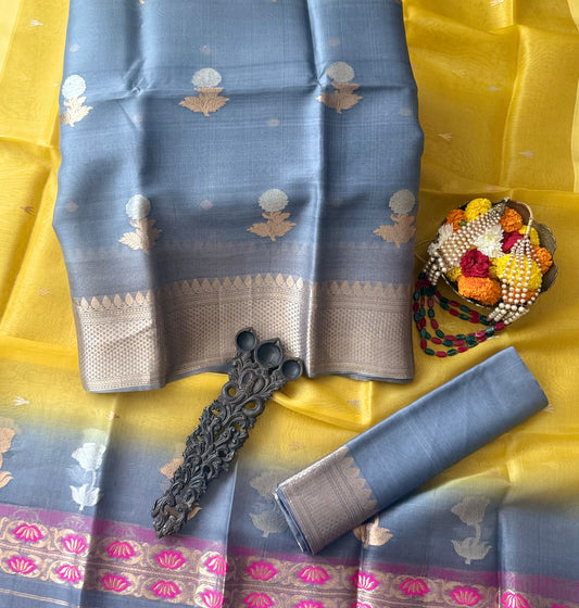 Lava Gray Ombré Shade kora silk certified handloom banarsi kadwa booti meenakari three piece suit
