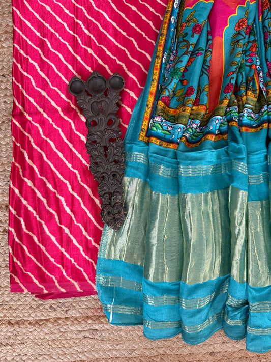Pink leheriya mashru silk kurta with  patola pichwai handcrafted modalsilk dupatta