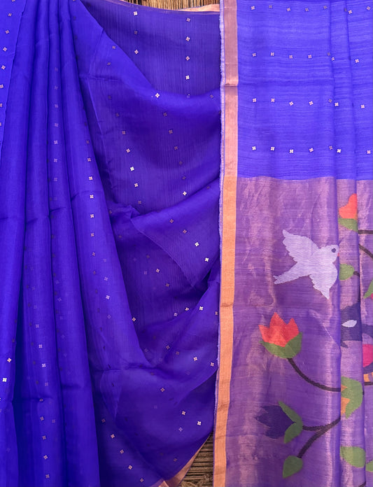 Royal Purple Jamdani sequence work handwoven pure muslin silk sari With Paithani Jamdani Pallu  and  Matka Silk Blouse Piece
