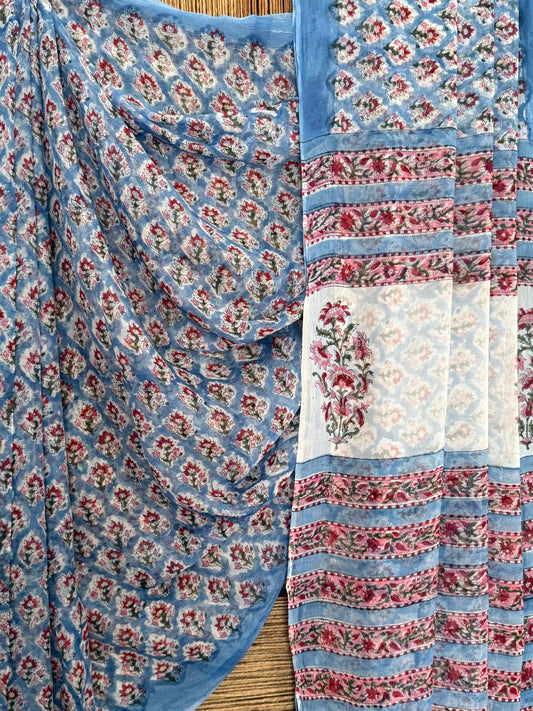 Dusty Blue Chiffon handblock sari