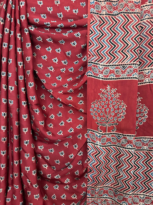 RED LOTUS  AJRAKH MODAL SILK SARI WITH BORDER