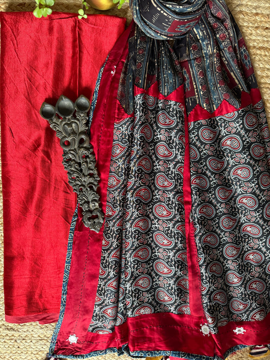 RED MASHRU SILK KURTA WITH AJRAKH PATCHWORK  HANDCRAFTED  MODAL SILK DUPATTA PWK-13