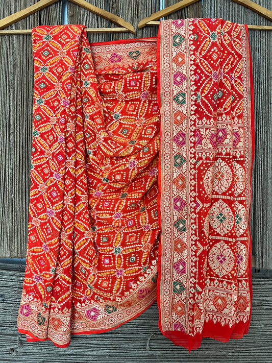 Candy Apple Red Handwoven Neem Zari Bareek Bandhani Saree with Khaddi Georgette with Meenakari Work BS- 13