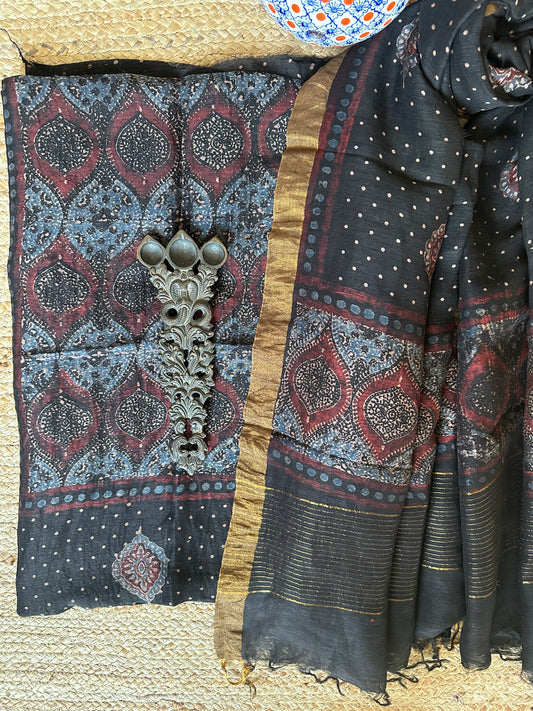 BLACK LINEN AJRAKH SILK HANDBLOCK SUIT SET