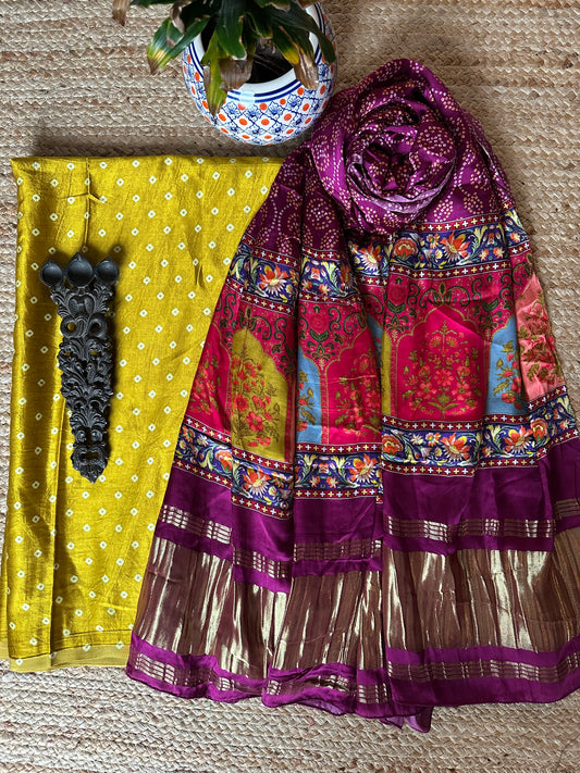 MUSTARD MASHRU SILK KURTA WITH PATOLA PRINT MODAL SILK DUPATTAS