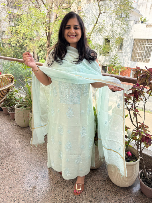 Light celadon green premium mull chanderi lucknowi chickenkari with moti work hand embroidery three piece suit