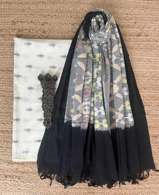 WHITE & BLACK MERCHANDISE COTTON HANWOVEN KURTA WITH IKKAT PURE COTTON SILK PATOLA HANDWOVEN DUPATTA