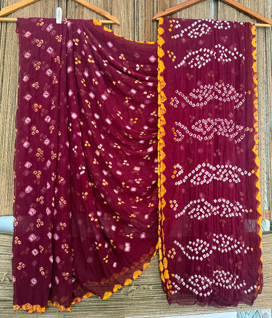 Burnt Maroon Bandhani handcrafted  chiffon sari