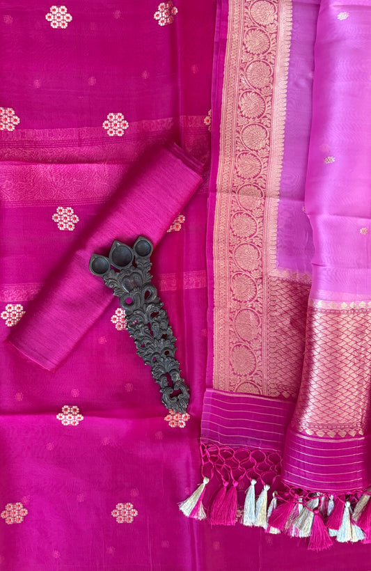 HOT PINK KORA SILK CERTIFIED HANDLOOM BANARSI KADWA BUTTI WITH WOVEN ZARI THREE PIECE SUIT