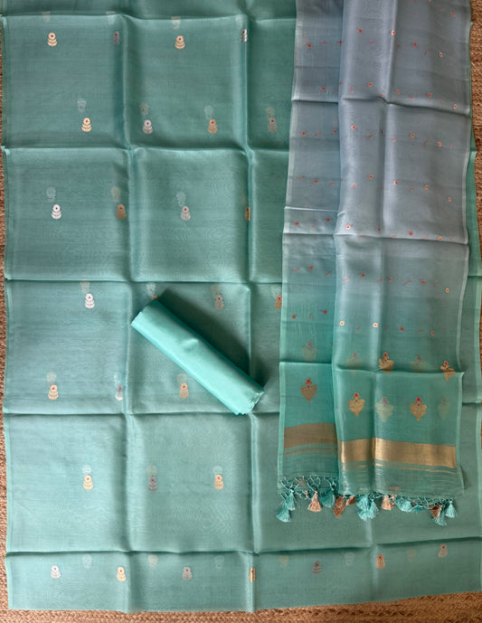 Turquoise Blue kora silk certified handloom banarsi kadwa booti meenakari Ombré Shade Duppatta three piece suit