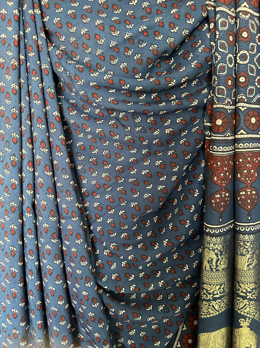 INDIGO DOLA  SILK AJRAKH ZARI BORDER SARI