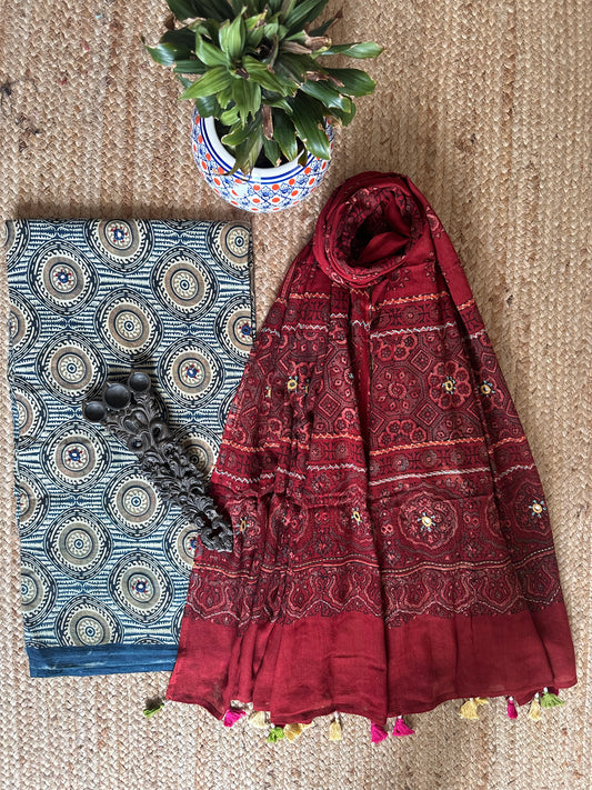 NAVY BLUE AJRAKH HANDBLOCK AND HAND EMBROIDERY KURTA WITH  AJRAKH HAND EMBROIDERY DUPATTA