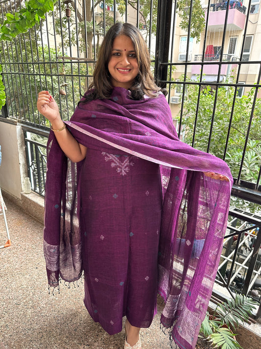 PURPLE JAMDANI WOVEN LINEN  KURTA SET