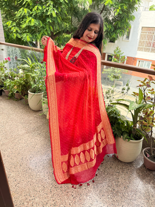 Imperial Red & Crismon red Ombie
 Handwoven NeemZari Bareek Bandhani in Khaddi Premium Georgette dupatta
