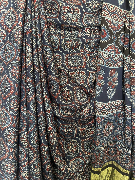 INDIGO AJRAKH MODAL SILK SARI WITH ZARI BORDER