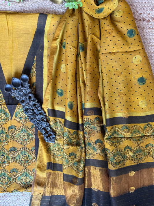 MUSTARD YELLOW AJRAKH CONTEMPORARY CHANDERI SILK HANDBLOCK KURTA SET  WITH  COIN  BUTTA DUPATTA