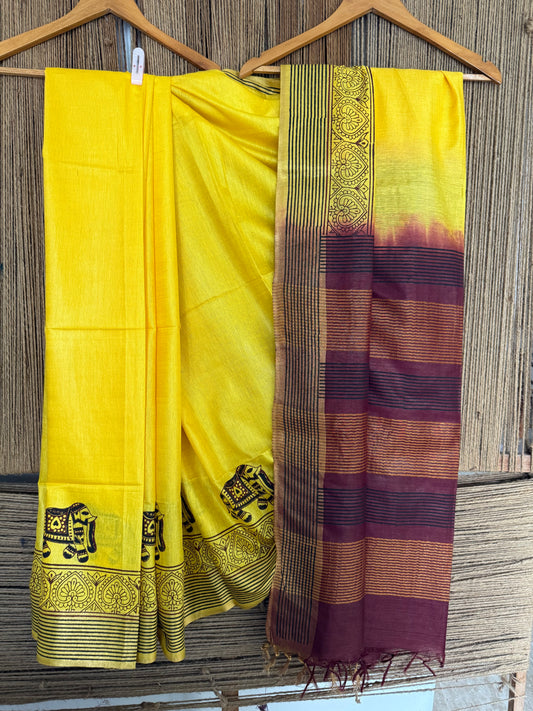 BEAUTIFUL YELLOW HANDBLOCK PRINTED SARI IN SEMI TUSSAR WITH BLOUSE