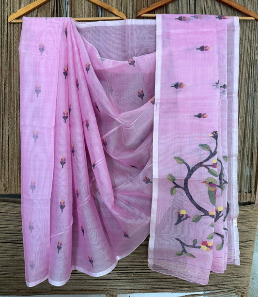 ROSE PINK JAMDANI HANDWOVEN PURE MUSLIN SILK SARI MJS -56