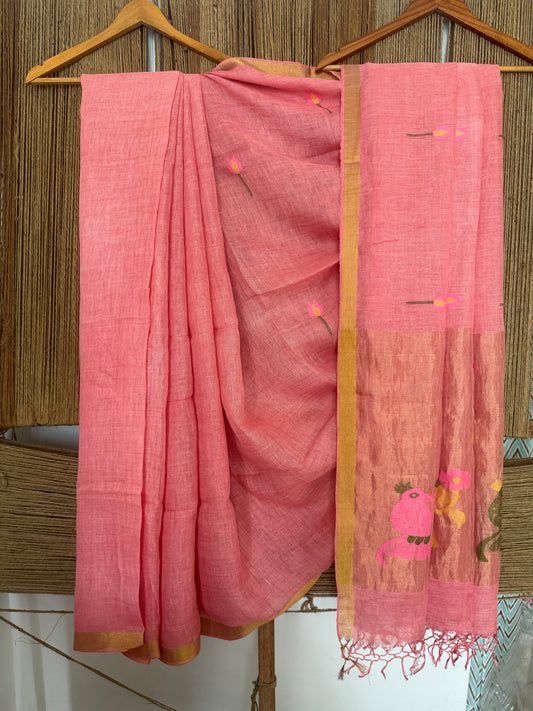 PEACH PINK HANDWOVEN JAYSHREE LINEN JAMDANI SARI