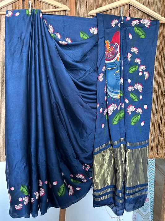 BLUE PICHWAI MODAL SILK PRINT SARI WITH ZARI BORDER