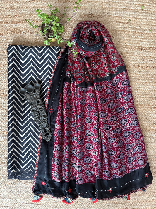 BLACK MASHRU SILK KURTA WITH AJRAKH PATCHWORK  HANDCRAFTED  MODAL SILK DUPATTA PWK-23