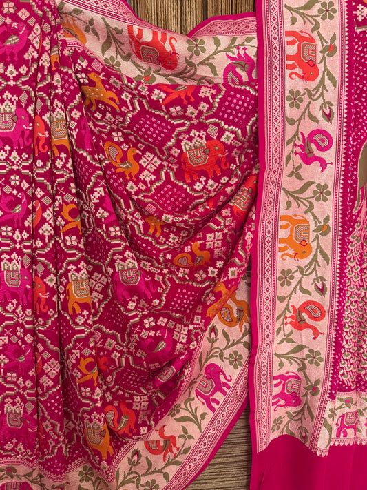 Fuchsia pink Handwoven Rai  Bareek Bandhani Saree Meenakari Jaal with Khaddi Georgette