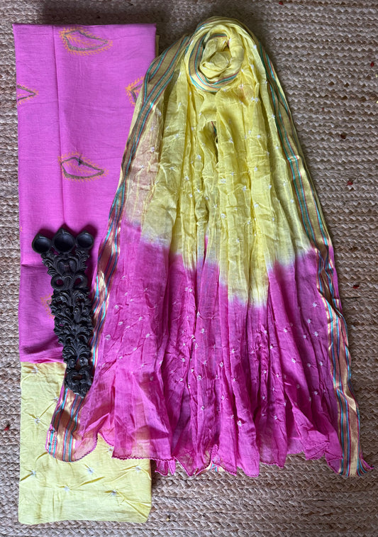 NEONPINK COTTON RAI BANDHANI SUIT SET