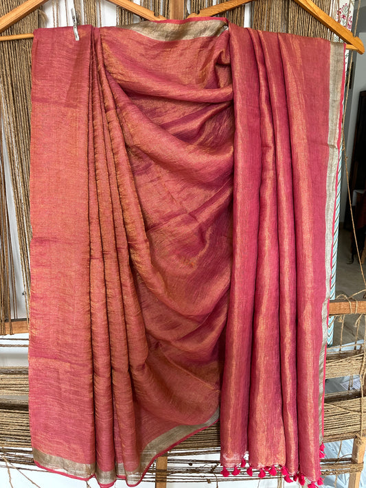 Pink  Metallic linen Sari with Silver woven  Border and Tassels