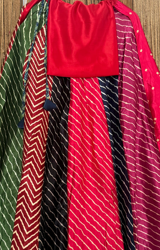 RED SOLID MASHRU SILK BLOUSE WITH PATCHWORK MASHRU MULTICOLOUR SKIRT