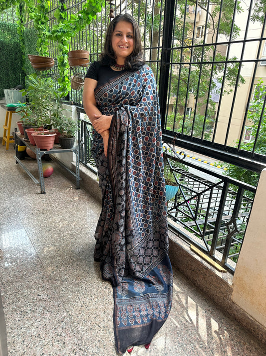 INDIGO CHANDERI SILK AJRAKH SARI