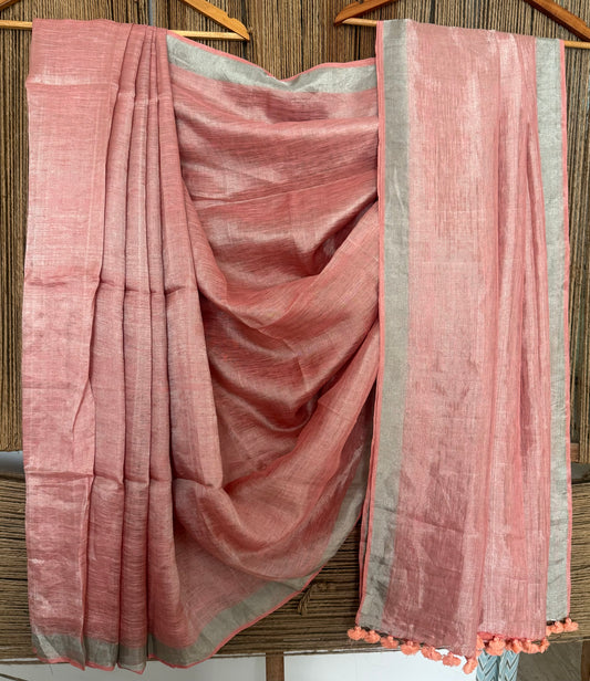 Dusty Rose Pink metallic linen sari with woven  border and tassels