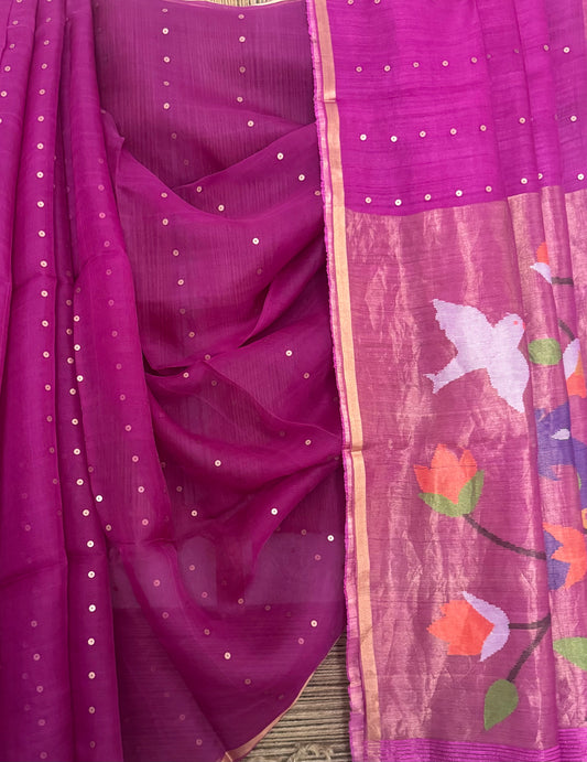 Raspberry Purple Jamdani sequence work handwoven pure muslin silk sari With Paithani Jamdani Pallu  and  Matka Silk Blouse Piece