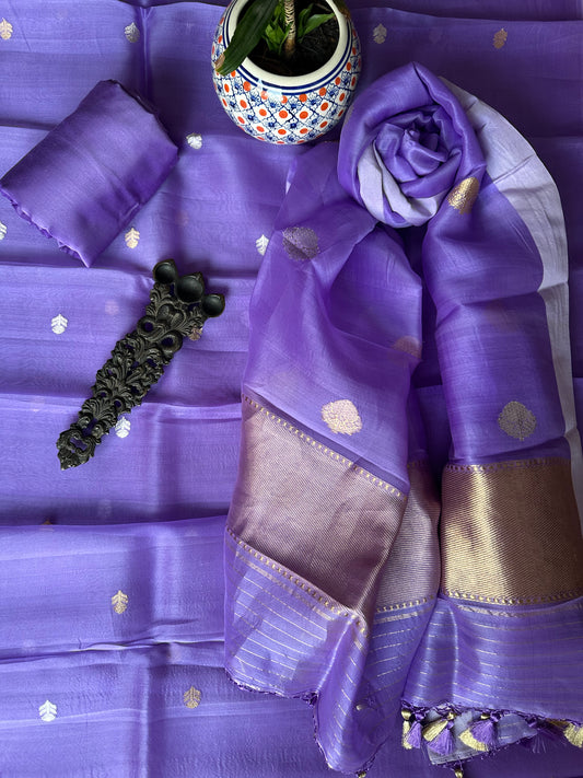 Purple Kora  silk certified handloom Banarsi Booti three piece suit