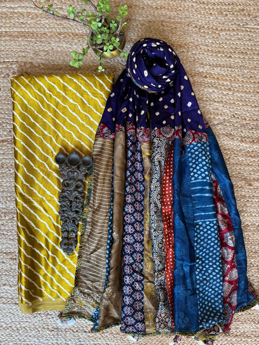 MUSTARD MASHRU SILK KURTA WITH AJRAKH PATCHWORK  HANDCRAFTED  MODAL SILK DUPATTA PWK-25
