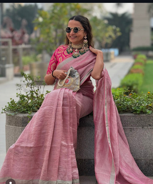 009 PINK METALLIC LINEN SARI WITH WOVEN  BORDER &amp;  TASSELS