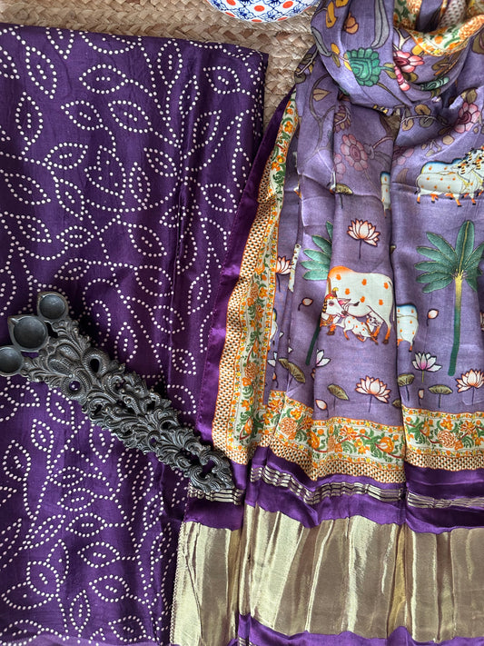 PURPLE RAI BANDHANI MASHRU SILK KURTA WITH PATOLA HANDCRAFTED MODAL SILK DUPATTA PS-10144