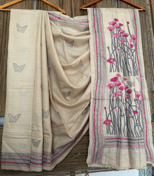 NATURAL BEIGE WITH MULTI THREAD HAND EMBROIDERY KANTHA WORK TUSSAR SILK SARI