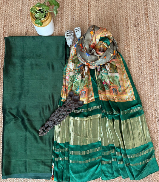 GREEN SOLID MASHRU SILK KURTA WITH  PATOLA PICHWAI HANDCRAFTED MODALSILK DUPATTA
