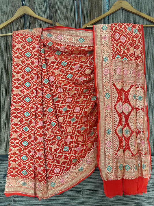Scarlet Red Handwoven Neem Zari Bareek Bandhani Saree with Khaddi Georgette with Meenakari Work BS- 14